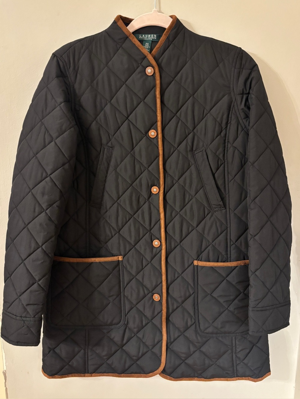 Lauren Ralph Lauren Petite Quilted Jacket Black Faux Leather Trim PM